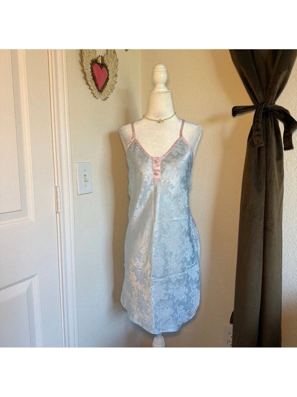 Silk-Feel Lace Trim Slip Dress in Light Blue and Pink